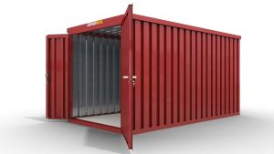 Lagercontainer M++  – 7 qm, H2595 x B3020 x T2540 mm, Außenwandlackierung RAL 3000 feuerrot, Dach außen verzinkt, mit Holzfußboden, 1830 mm Doppelflügeltür mittig in Stirnseite, Erfolgt montiert als Schnellbausatz mit Montageanleitung
