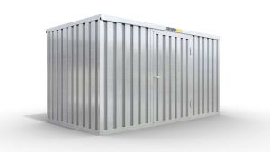 Werkzeugcontainer  – 8 qm, H2150 x B4050 x T2170 mm, verzinkt, mit Holzfußboden, 1270 mm Einflügeltür mittig in Breitseite, zerlegt