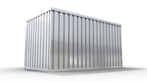 Werkzeugcontainer  – 8 qm, H2150 x B4050 x T2170 mm, verzinkt, mit Holzfußboden, 1270 mm Einflügeltür mittig in Breitseite, zerlegt