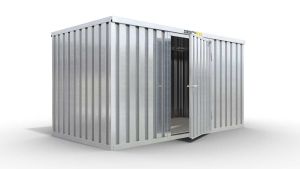Werkzeugcontainer  – 6 qm, H2150 x B3050 x T2170 mm, verzinkt, mit Holzfußboden, 1270 mm Einflügeltür mittig in Breitseite, zerlegt