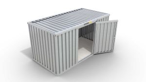 Werkzeugcontainer  – 6 qm, H2150 x B3050 x T2170 mm, verzinkt, mit Holzfußboden, 1270 mm Einflügeltür mittig in Breitseite, zerlegt