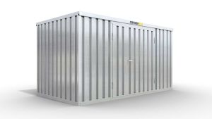 Werkzeugcontainer  – 6 qm, H2150 x B3050 x T2170 mm, verzinkt, mit Holzfußboden, 1830 mm Doppelflügeltür mittig in Breitseite, zerlegt