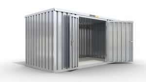 Werkzeugcontainer  – 10 qm, H2150 x B5080 x T2170 mm, verzinkt, mit Holzfußboden, 1830 mm Doppelflügeltür mittig in Breitseite, zerlegt