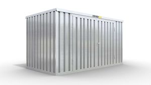 Werkzeugcontainer  – 10 qm, H2150 x B5080 x T2170 mm, verzinkt, mit Holzfußboden, 2750 mm Doppelflügeltür mittig in Breitseite, zerlegt