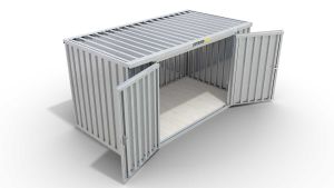 Werkzeugcontainer  – 8 qm, H2150 x B4050 x T2170 mm, verzinkt, mit Holzfußboden, 2750 mm Doppelflügeltür mittig in Breitseite, zerlegt