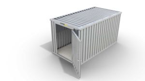 Werkzeugcontainer  – 6 qm, H2150 x B3050 x T2170 mm, verzinkt, mit Holzfußboden, 1270 mm Einflügeltür mittig in Stirnseite, zerlegt