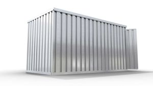 Werkzeugcontainer – 6 qm, H2150 x B3050 x T2170 mm, verzinkt, mit Holzfußboden, 1830 mm Doppelflügeltür mittig in Stirnseite, zerlegt