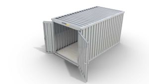 Werkzeugcontainer  – 10 qm, H2150 x B5080 x T2170 mm, verzinkt, mit Holzfußboden, 1830 mm Doppelflügeltür mittig in Stirnseite, zerlegt