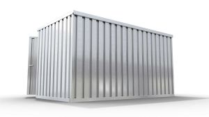 Werkzeugcontainer  – 6 qm, H2150 x B3050 x T2170 mm, verzinkt, mit Holzfußboden, 1830 mm Doppelflügeltür mittig in Breitseite und 1270 mm Einflügeltür mittig in Stirnseite, zerlegt