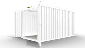 Isolierter Lagercontainer – 6 qm, 2405 x 3050 x 2170 mm, grauweiß, mit Holzfußboden, 1840 mm Doppelflügeltür mittig in Stirnseite, montiert