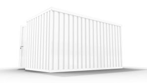 Isolierter Lagercontainer  – 6 qm, 2405 x 3050 x 2170 mm, grauweiß, mit Holzfußboden, 1840 mm Doppelflügeltür mittig in Breitseite und 1180 mm Einflügeltür mittig in Stirnseite, montiert