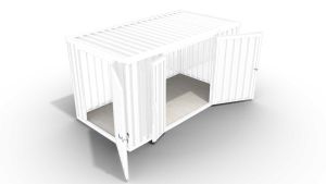 Isolierter Lagercontainer  – 6 qm, 2405 x 3050 x 2170 mm, grauweiß, mit Holzfußboden, 1840 mm Doppelflügeltür mittig in Breitseite und 1180 mm Einflügeltür mittig in Stirnseite, montiert