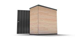 Lagercontainer mit Holzverkleidung XS  – 2 qm, H2150 x B2100 x T1140 mm, Außenwandlackierung anthrazit, Dach außen verzinkt, mit Holzfußboden, 1270 mm Einflügeltür mittig in Breitseite, montiert