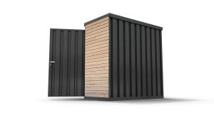 Lagercontainer mit Holzverkleidung XS  – 2 qm, H2150 x B2100 x T1140 mm, Außenwandlackierung anthrazit, Dach außen verzinkt, mit Holzfußboden, 1830 mm Doppelflügeltür mittig in Breitseite, montiert