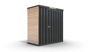Lagercontainer mit Holzverkleidung XS  – 2 qm, H2150 x B2100 x T1140 mm, Außenwandlackierung anthrazit, Dach außen verzinkt, mit Holzfußboden, 1270 mm Einflügeltür mittig in Breitseite, montiert