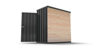 Lagercontainer mit Holzverkleidung XS  – 2 qm, H2150 x B2100 x T1140 mm, Außenwandlackierung anthrazit, Dach außen verzinkt, mit Holzfußboden, 1830 mm Doppelflügeltür mittig in Breitseite, montiert