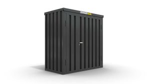 Lagercontainer mit Holzverkleidung XS  – 2 qm, H2150 x B2100 x T1140 mm, Außenwandlackierung anthrazit, Dach außen verzinkt, mit Holzfußboden, 1830 mm Doppelflügeltür mittig in Breitseite, montiert