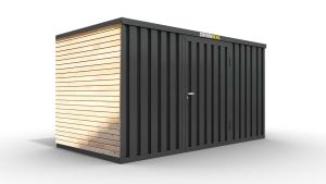 Lagercontainer mit Holzverkleidung L  – 8 qm, H2150 x B4050 x T2170 mm, Außenwandlackierung anthrazit, Dach außen verzinkt, mit Holzfußboden, 1270 mm Einflügeltür mittig in Breitseite, montiert