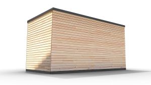 Lagercontainer mit Holzverkleidung L  – 8 qm, H2150 x B4050 x T2170 mm, Außenwandlackierung anthrazit, Dach außen verzinkt, mit Holzfußboden, 1830 mm Doppelflügeltür mittig in Stirnseite, montiert