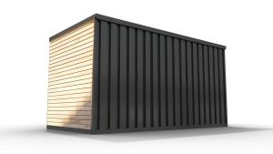 Lagercontainer mit Holzverkleidung L  – 8 qm, H2150 x B4050 x T2170 mm, Außenwandlackierung anthrazit, Dach außen verzinkt, mit Holzfußboden, 1270 mm Einflügeltür mittig in Breitseite, montiert