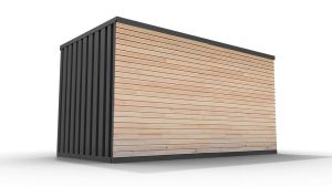 Lagercontainer mit Holzverkleidung L  – 8 qm, H2150 x B4050 x T2170 mm, Außenwandlackierung anthrazit, Dach außen verzinkt, mit Holzfußboden, 1830 mm Doppelflügeltür mittig in Breitseite, montiert