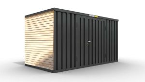 Lagercontainer mit Holzverkleidung XL  – 10 qm, H2150 x B5080 x T2170 mm, Außenwandlackierung anthrazit, Dach außen verzinkt, mit Holzfußboden, 1830 mm Doppelflügeltür mittig in Breitseite, montiert