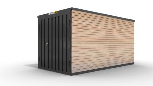 Lagercontainer mit Holzverkleidung XXL  – 12 qm, H2150 x B6080 x T2170 mm, Außenwandlackierung anthrazit, Dach außen verzinkt, mit Holzfußboden, 1830 mm Doppelflügeltür mittig in Stirnseite, montiert