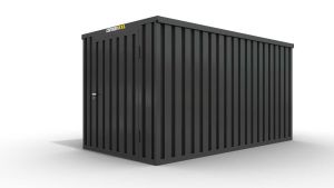 Lagercontainer mit Holzverkleidung XXL  – 12 qm, H2150 x B6080 x T2170 mm, Außenwandlackierung anthrazit, Dach außen verzinkt, mit Holzfußboden, 1270 mm Einflügeltür mittig in Stirnseite, montiert