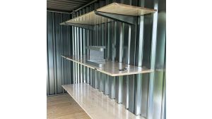 Lagerregal für Lagercontainer XS -XXL - 2 verzinkte Regalsäulen, 6 Kragarme, 3 Holz-Regalböden B 1000 mm, T 500 mm, Tragfähigkeit 120 kg pro Boden