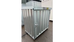 Materialcontainer mit Einflügeltür – 1 qm, H1470 x B1420 x T1490 mm, verzinkt, ohne Fußboden, 1270 mm Einflügeltür mittig in Breitseite, Erfolgt fertig montiert
