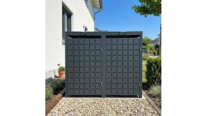 Mülltonnenbox Design Geo, 2er Box für 240-Liter-Mülltonnen – Höhe 116,3 cm × Breite 132 cm × Tiefe 80 cm – Anthrazit (RAL 7016)