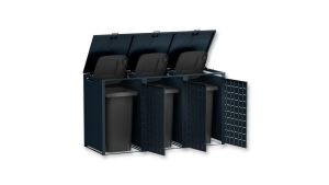 Mülltonnenbox Design Geo, 3er Box für 240-Liter-Mülltonnen – Höhe 116,3 cm × Breite 198,5 cm × Tiefe 80 cm – Anthrazit (RAL 7016)