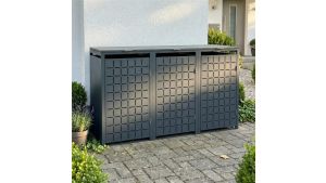 Mülltonnenbox Design Geo, 3er Box für 240-Liter-Mülltonnen – Höhe 116,3 cm × Breite 198,5 cm × Tiefe 80 cm – Anthrazit (RAL 7016)