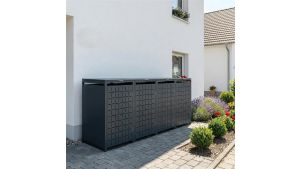 Mülltonnenbox Design Geo, 4er Box für 240-Liter-Mülltonnen – Höhe 116,3 cm × Breite 276 cm × Tiefe 80 cm – Anthrazit (RAL 7016)