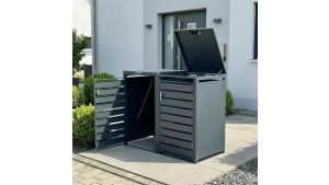 Mülltonnenbox mit Sichtstreifen, 2er Box für 240-Liter-Mülltonnen – Höhe 116,3 cm × Breite 132 cm × Tiefe 80 cm – Anthrazit (RAL 7016)