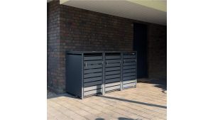 Mülltonnenbox mit Sichtstreifen, 3er Box für 240-Liter-Mülltonnen – Höhe 116,3 cm × Breite 198,5 cm × Tiefe 80 cm – Anthrazit (RAL 7016)
