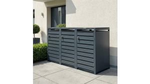 Mülltonnenbox mit Sichtstreifen, 3er Box für 240-Liter-Mülltonnen – Höhe 116,3 cm × Breite 198,5 cm × Tiefe 80 cm – Anthrazit (RAL 7016)