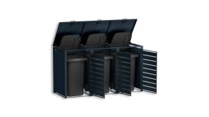Mülltonnenbox mit Sichtstreifen, 3er Box für 240-Liter-Mülltonnen – Höhe 116,3 cm × Breite 198,5 cm × Tiefe 80 cm – Anthrazit (RAL 7016)
