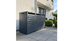 Mülltonnenbox mit Sichtstreifen, 3er Box für 240-Liter-Mülltonnen – Höhe 116,3 cm × Breite 198,5 cm × Tiefe 80 cm – Anthrazit (RAL 7016)