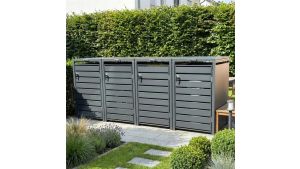Mülltonnenbox mit Sichtstreifen, 4er Box für 240-Liter-Mülltonnen – Höhe 116,3 cm × Breite 276 cm × Tiefe 80 cm – Anthrazit (RAL 7016)