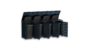 Mülltonnenbox mit Sichtstreifen, 4er Box für 240-Liter-Mülltonnen – Höhe 116,3 cm × Breite 276 cm × Tiefe 80 cm – Anthrazit (RAL 7016)