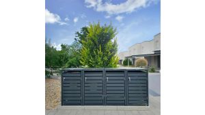 Mülltonnenbox mit Sichtstreifen, 4er Box für 240-Liter-Mülltonnen – Höhe 116,3 cm × Breite 276 cm × Tiefe 80 cm – Anthrazit (RAL 7016)