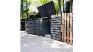 Mülltonnenbox mit Sichtstreifen, 4er Box für 240-Liter-Mülltonnen – Höhe 116,3 cm × Breite 276 cm × Tiefe 80 cm – Anthrazit (RAL 7016)