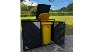Mülltonnenbox mit Edelstahl-Akzenten, 2er Box für 240-Liter-Mülltonnen – Höhe 116,3 cm × Breite 132 cm × Tiefe 80 cm – Anthrazit (RAL 7016)
