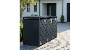 Mülltonnenbox mit Edelstahl-Akzenten, 3er Box für 240-Liter-Mülltonnen – Höhe 116,3 cm × Breite 198,5 cm × Tiefe 80 cm – Anthrazit (RAL 7016)
