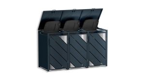 Mülltonnenbox mit Edelstahl-Akzenten, 3er Box für 240-Liter-Mülltonnen – Höhe 116,3 cm × Breite 198,5 cm × Tiefe 80 cm – Anthrazit (RAL 7016)