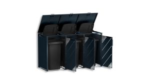 Mülltonnenbox mit Edelstahl-Akzenten, 3er Box für 240-Liter-Mülltonnen – Höhe 116,3 cm × Breite 198,5 cm × Tiefe 80 cm – Anthrazit (RAL 7016)
