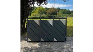 Mülltonnenbox mit Edelstahl-Akzenten, 3er Box für 240-Liter-Mülltonnen – Höhe 116,3 cm × Breite 198,5 cm × Tiefe 80 cm – Anthrazit (RAL 7016)
