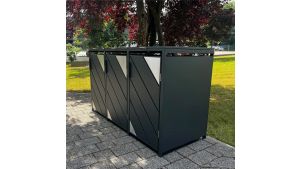 Mülltonnenbox mit Edelstahl-Akzenten, 3er Box für 240-Liter-Mülltonnen – Höhe 116,3 cm × Breite 198,5 cm × Tiefe 80 cm – Anthrazit (RAL 7016)