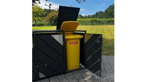 Mülltonnenbox mit Edelstahl-Akzenten, 3er Box für 240-Liter-Mülltonnen – Höhe 116,3 cm × Breite 198,5 cm × Tiefe 80 cm – Anthrazit (RAL 7016)